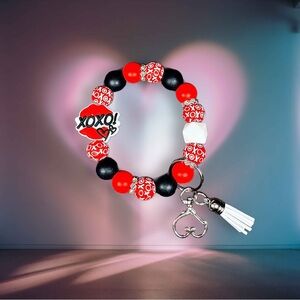 XOXO Lips Red & White Beaded Wristlet Keychain